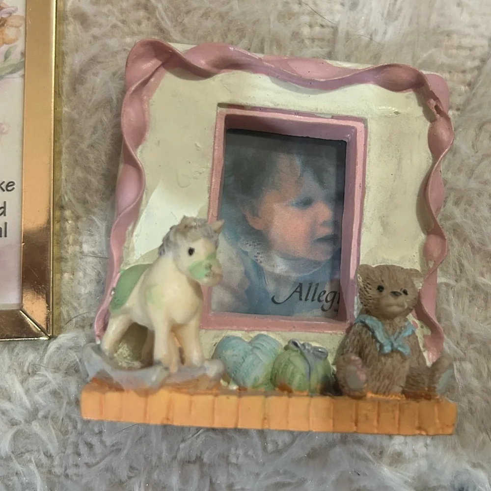 Vintage pink and white picture frame /magnet  horse and teddy